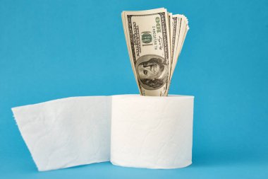 Panik Covid-19 Coronavirus salgını konseptini satın alıyor. Mavi arka planda Amerikan dolarları olan tuvalet kağıdı rulosu.. 