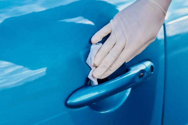 Woman Disinfects Car Door Handle Antibacterial Spray Car Washing — Stock Photo, Image