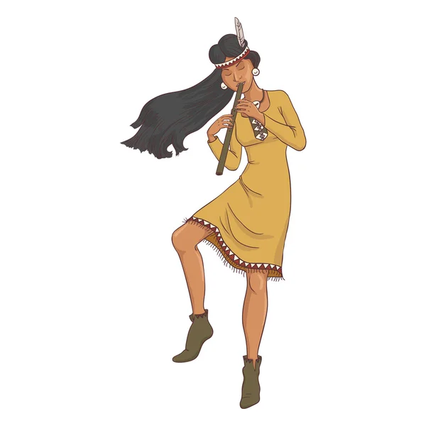 Коренной американец, индианка в традиционном костюме с флейтой — стоковый вектор
