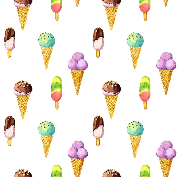 水彩のアイスクリームとシームレスなパターン — ストック写真