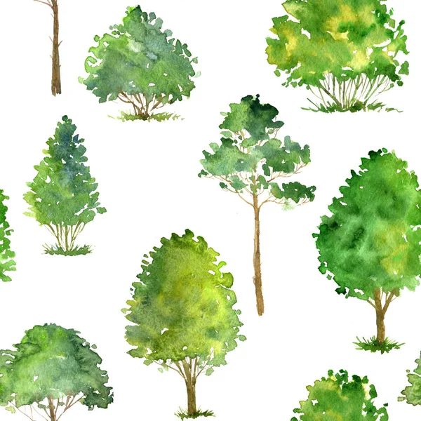 Modello senza soluzione di continuità con acquerello disegno alberi — Foto Stock