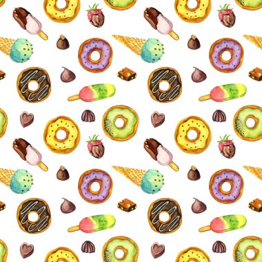 suluboya dondurma, donuts ve şeker ile Seamless Modeli