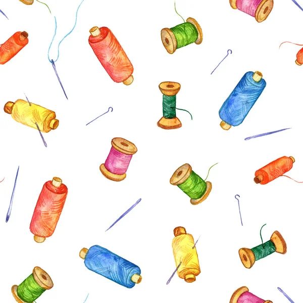 Seamless pattern with watercolor drawing spools of thread — Stock Photo, Image