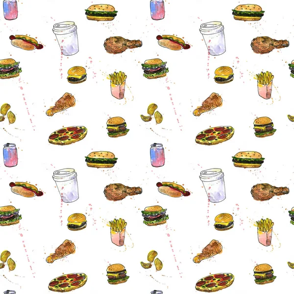 Nahtloses Muster mit Fast-Food-Skizze — Stockfoto