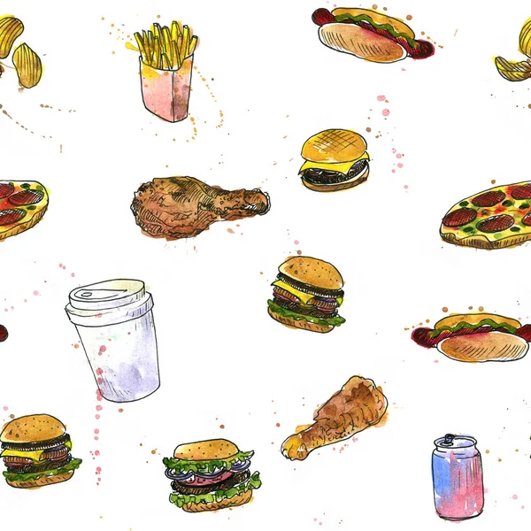 seamless pattern with fast food sketch