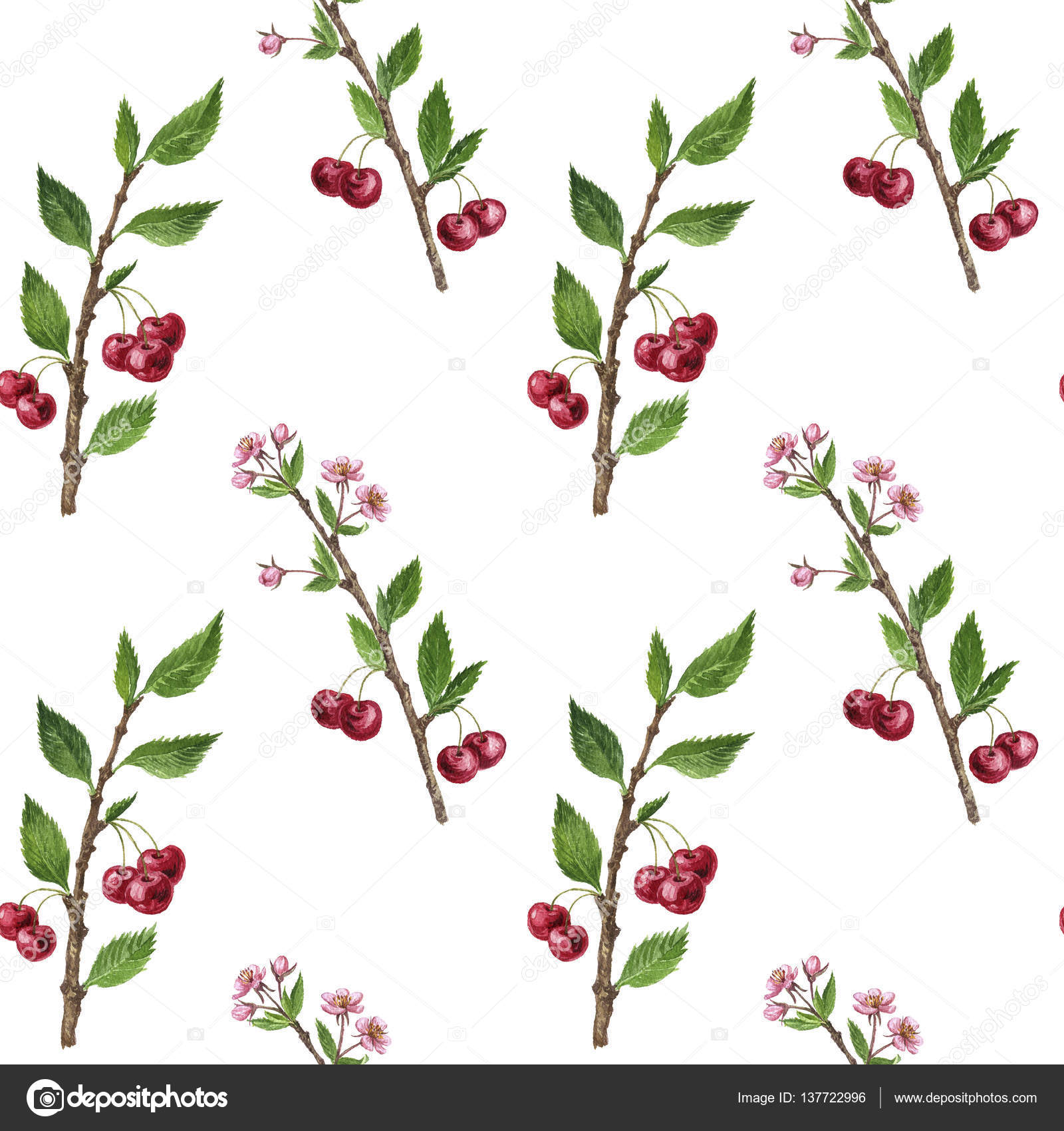 Wzór Z Gałęzi Drzewa Wiśniowe Kwiaty Liście I Jagody