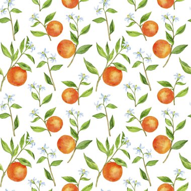meyve ağacı dalları ile çiçekler, yapraklar ve portakal ile Seamless Modeli