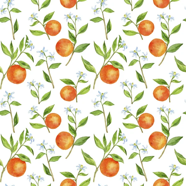 Patrón sin costuras con ramas de árboles frutales con flores, hojas y naranjas — Foto de Stock