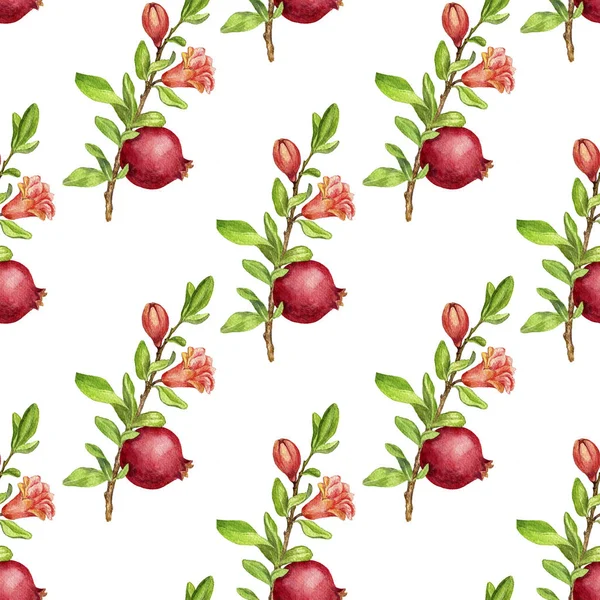 Naadloze patroon met fruit, takken en bladeren, bloem en granaatappel — Stockfoto