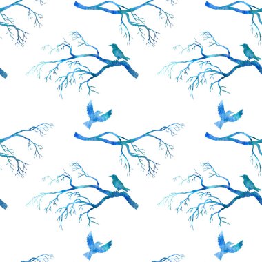 Mavi suluboya kuşlar ile Seamless Modeli