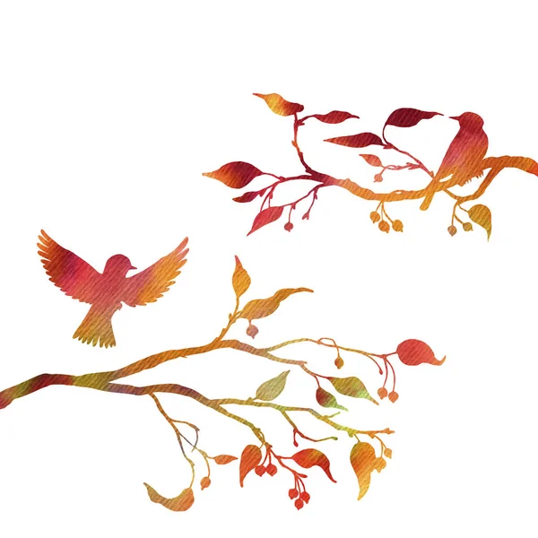 Акварельные птицы на силуэтах деревьев — стоковое фото