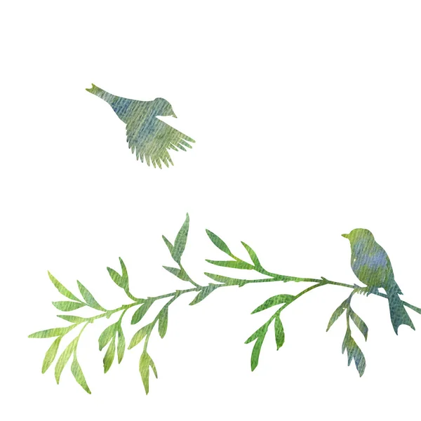 Watercolor birds at tree silhouettes — Stock Photo, Image