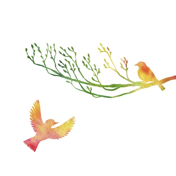 ツリー シルエットで水彩の鳥 — ストック写真