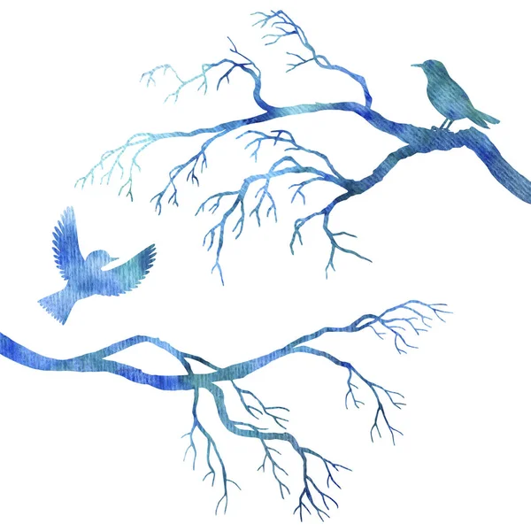 Blue watercolor birds at tree silhouettes — Stock Photo, Image