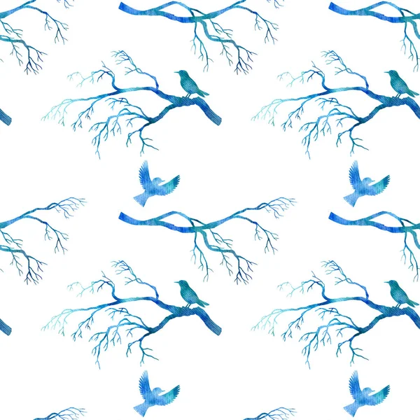 Seamless pattern with blue watercolor birds — Stock Photo, Image