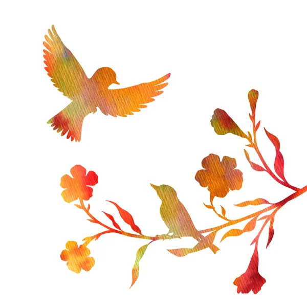 Watercolor birds at tree silhouettes — Stock Photo, Image