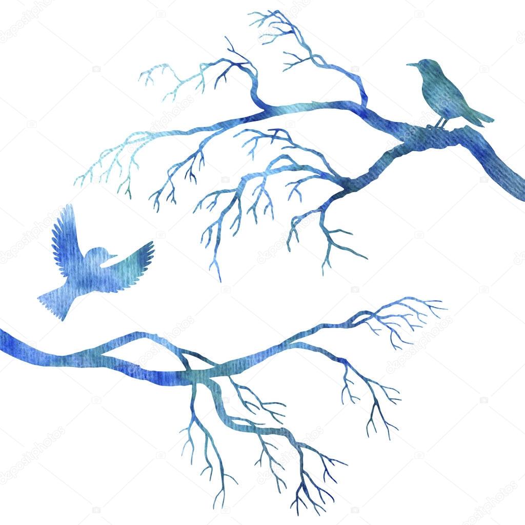 blue watercolor birds at tree silhouettes