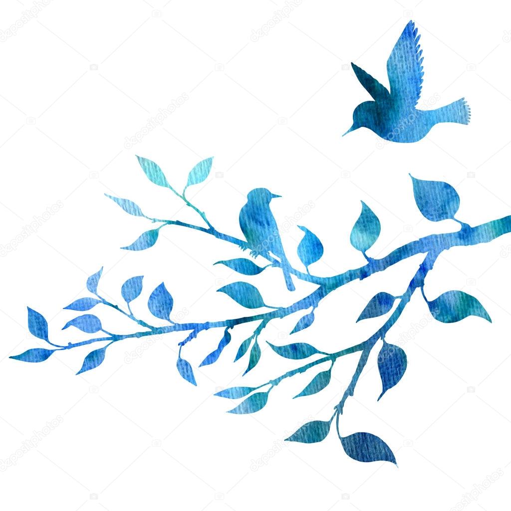 watercolor birds at tree silhouettes