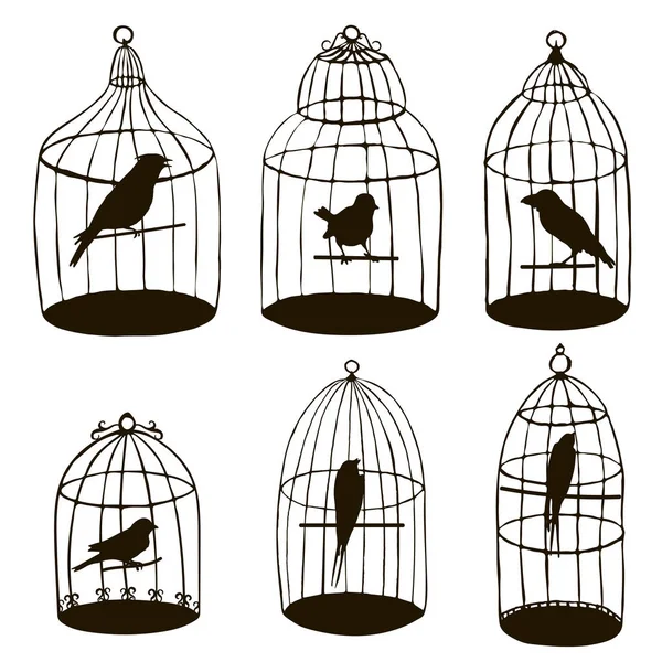 Vector aves en jaulas siluetas — Vector de stock