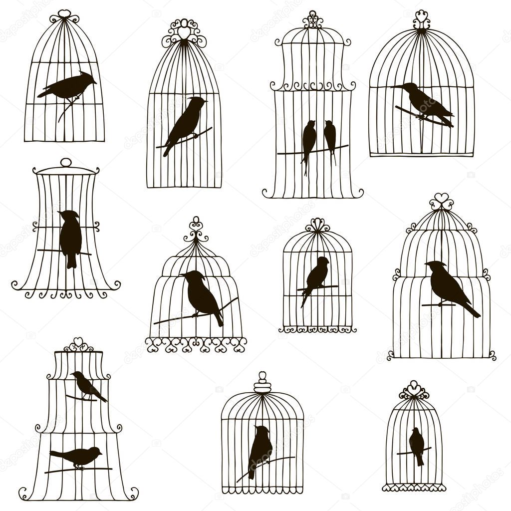 vector birds in cages silhouettes