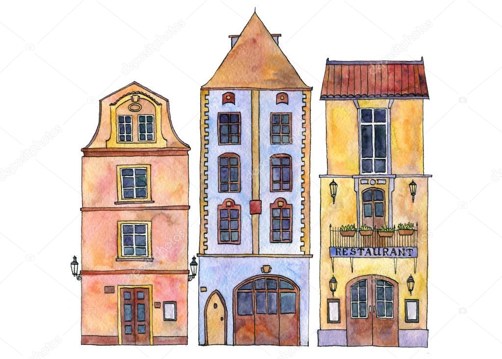 watercolor drawing houses