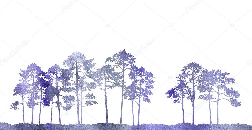 watercolor landscape with pine trees