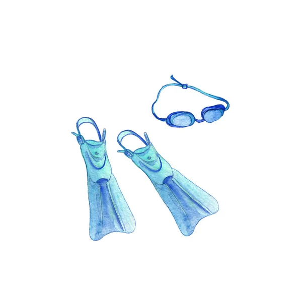 Watercolor flippers and goggles for swimming — Stock Photo, Image