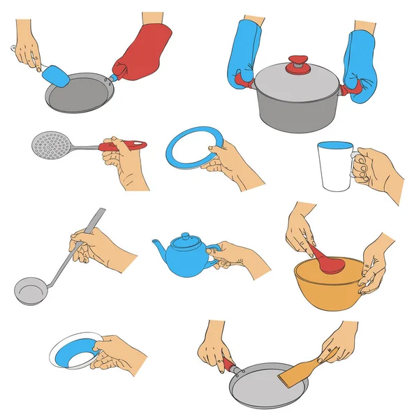 Mains vectorielles avec ustensiles de cuisine — Image vectorielle