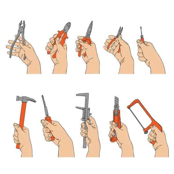 Векторные руки с различными инструментами — стоковый вектор