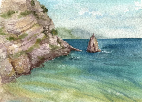 Akvarell havet och klipporna — Stockfoto