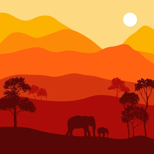 Векторный ландшафт со слонами — стоковый вектор