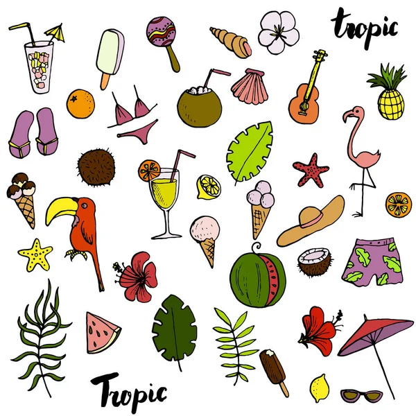 Summer tropical beach doodle set — Stock Vector