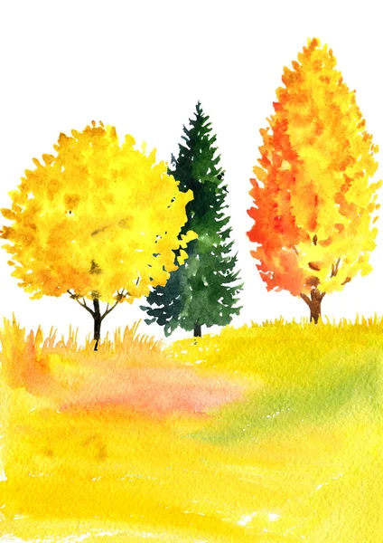 Akvarel krajina se stromy — Stock fotografie
