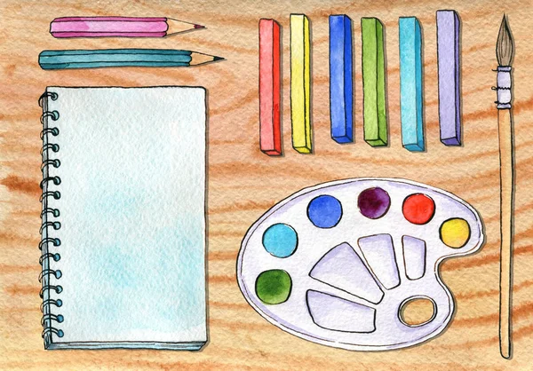 Watercolor artistic workspace — Stock Photo, Image