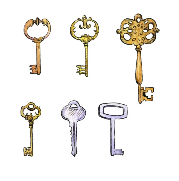 Zestaw kluczy, akwarela — Zdjęcie stockowe