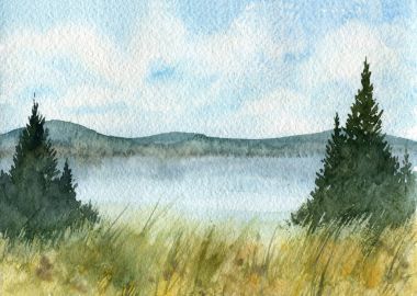 köknar ağaçları ile suluboya manzara