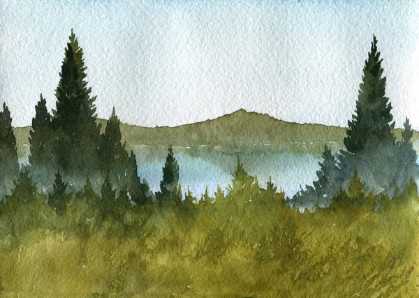 köknar ağaçları ile suluboya manzara