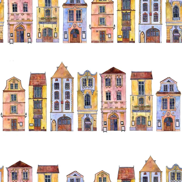 Vzor bezešvé s akvarel výkresu domy — Stock fotografie
