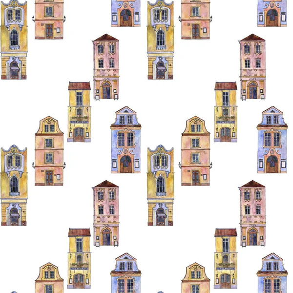 seamless pattern with watercolor drawing houses