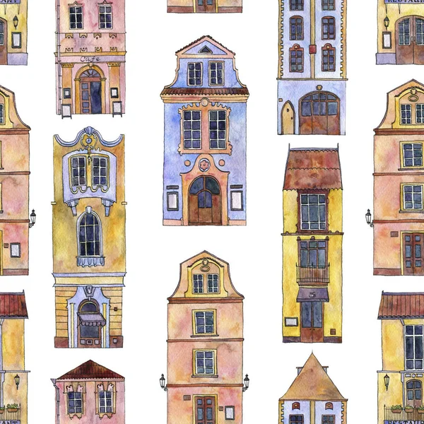 seamless pattern with watercolor drawing houses