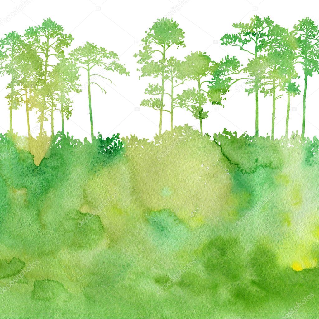 watercolor landscape with pine trees