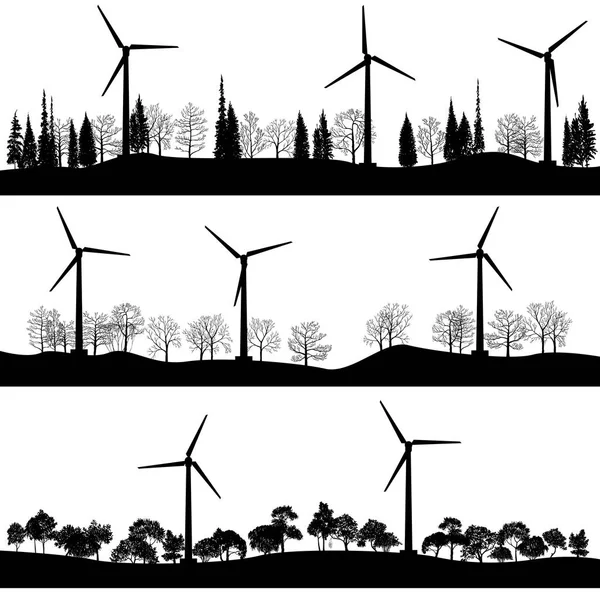 Paisajes vectoriales con árboles y turbinas eólicas — Vector de stock