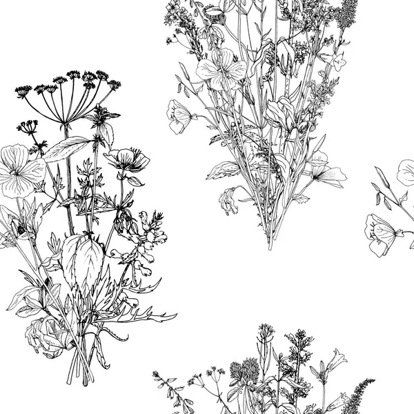 Modello senza soluzione di continuità con disegno di erbe e fiori — Vettoriale Stock