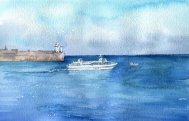 cape gemi karınca deniz feneri ile suluboya deniz