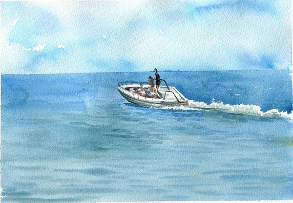 Aquarelle mer avec bateau — Photo