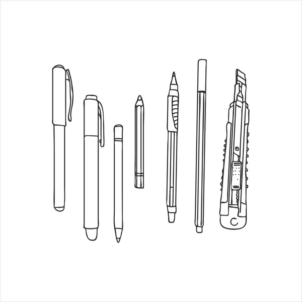 Artigos de papelaria, materiais de arte, conjunto de canetas, lápis e faca de papel —  Vetores de Stock
