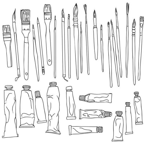 Conjunto de pinceles y tubos de pintura — Vector de stock