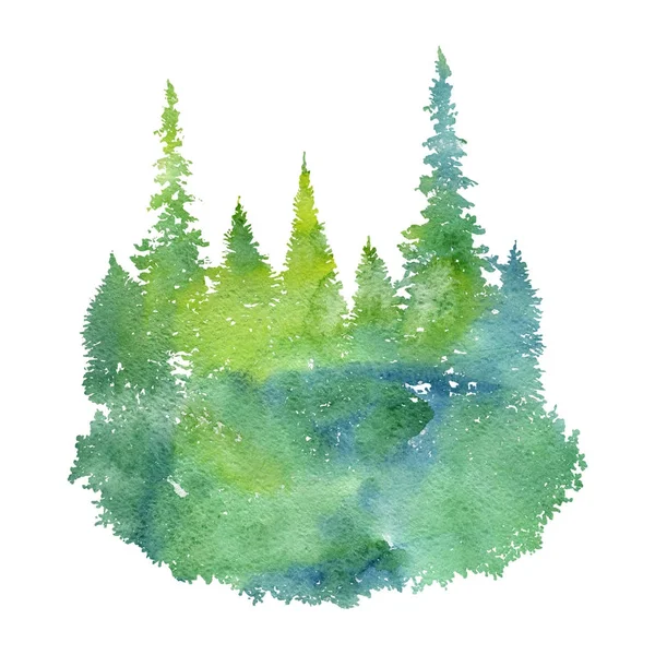 Watercolor landscape with fir trees — Stock Photo, Image