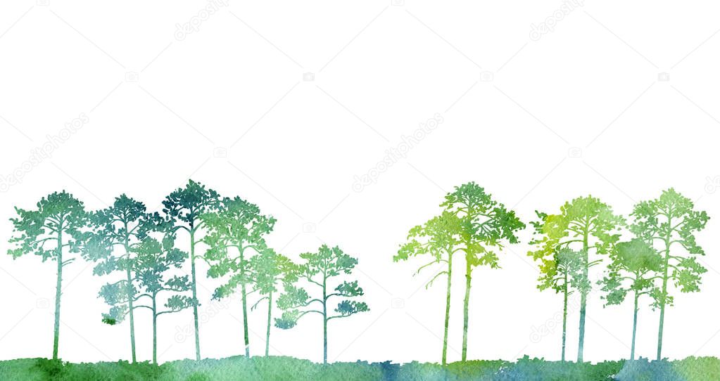 watercolor landscape with pine trees