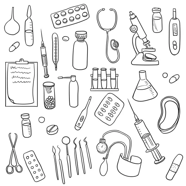 Conjunto de doodle de equipamentos médicos — Vetor de Stock